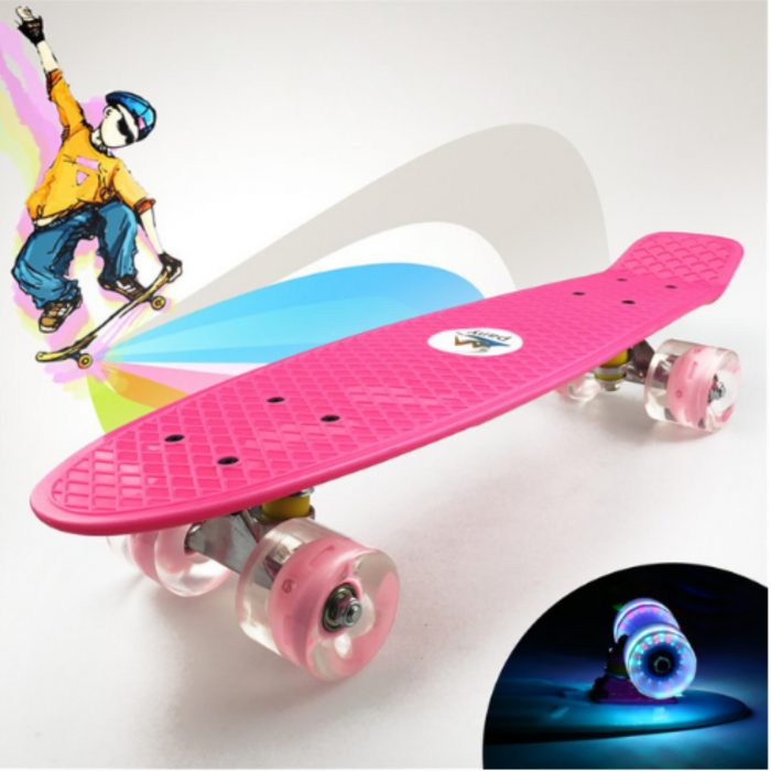 Placa 67cm - Cruise Penny-Board Skateboard roti cu LED - Roz.