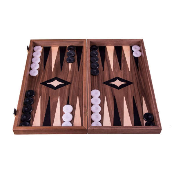 Set joc table backgammon cu tabla de sah la exterior lemn de nuc si stejar inlaid 47,5 x 50 cm