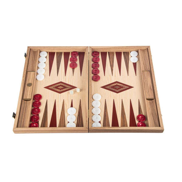Set joc table backgammon Walnut si Stejar cu insertii rosii