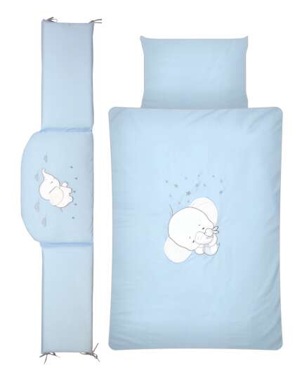 Set lenjerie din bumbac cu protectie laterala pentru pat bebelusi Elephant Blue 120 x 60 cm