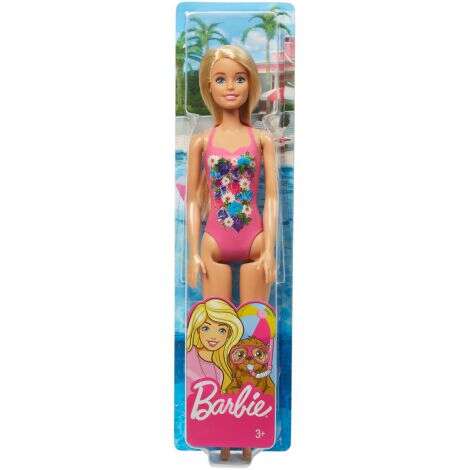 Papusa Barbie Blonda Cu Costum De Baie Inflorat