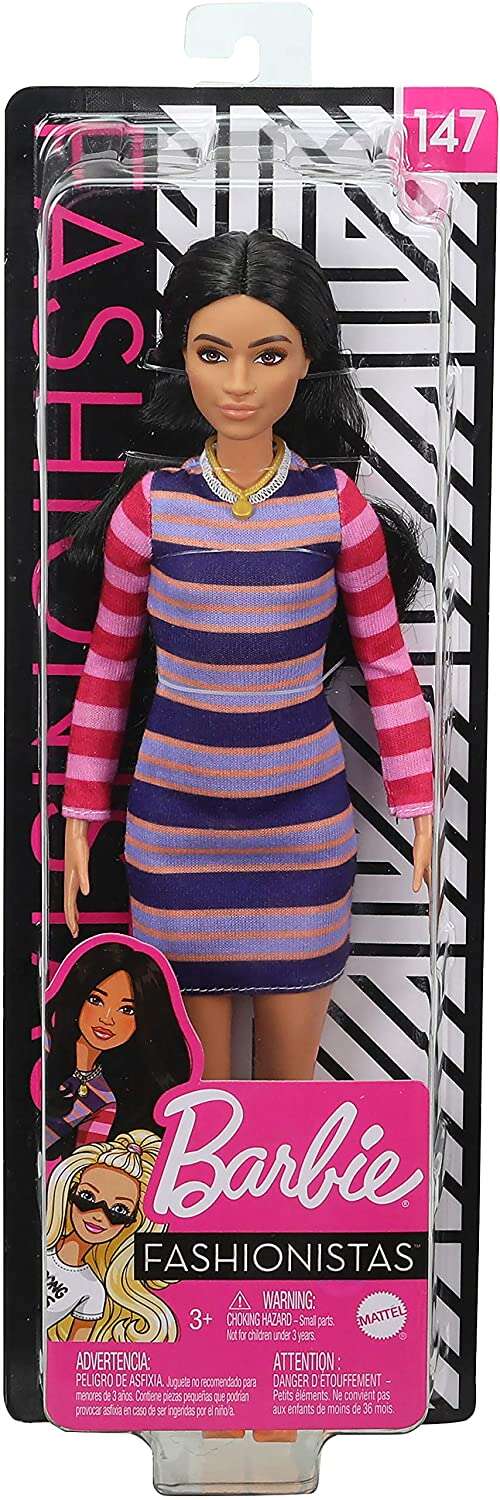Papusa barbie fashionista bruneta cu rochita cu dungi colorate