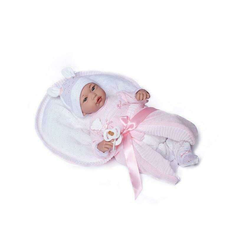 Guca - Papusa bebe realist Reborn Julia cu pernuta alb-roz tricot 46 cm