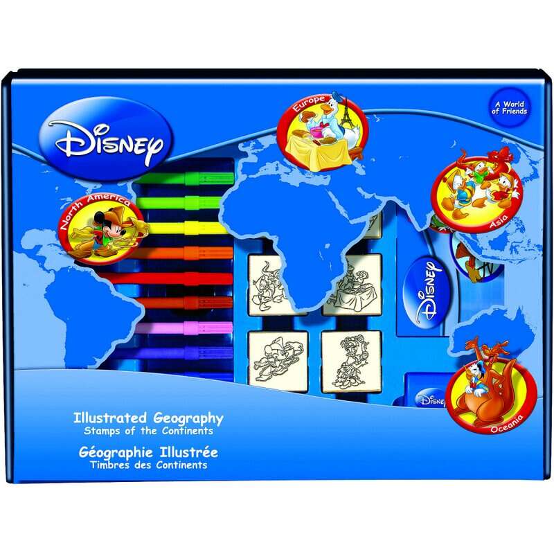 Multiprint - Set educativ cu stampile Geografia Disney 23 piese, 7 stampile, tus, 12 carioci, rigla, harta lumii si caiet cu activitati MP1938