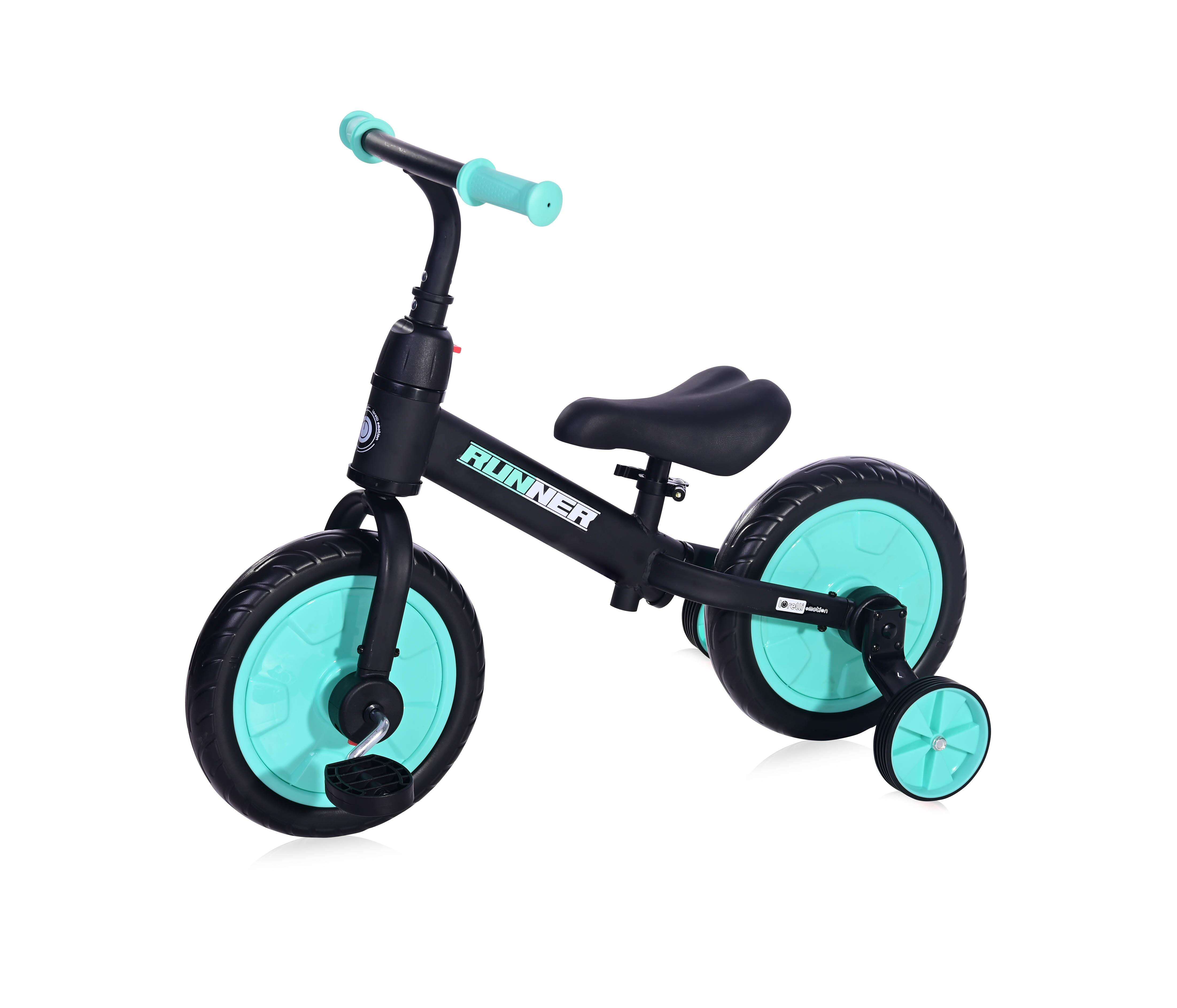 Bicicleta de echilibru 2in1, runner cu pedale si roti auxiliare, black & turquoise