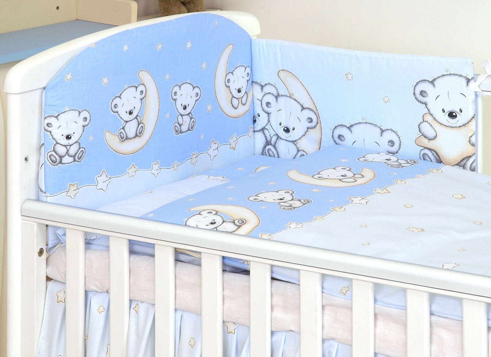 Set lenjerie din bumbac, cu protectie laterala pentru pat bebe 120 x 60 cm, ursulet pe luna blue