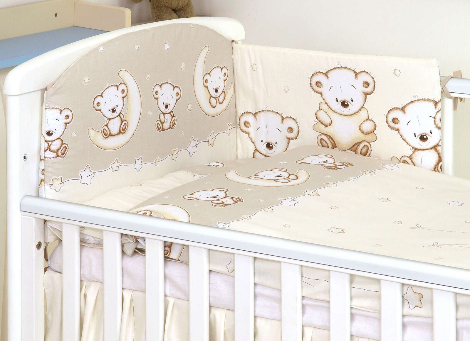 Set lenjerie din bumbac, cu protectie laterala pentru pat bebe 120 x 60 cm, ursulet pe luna crem