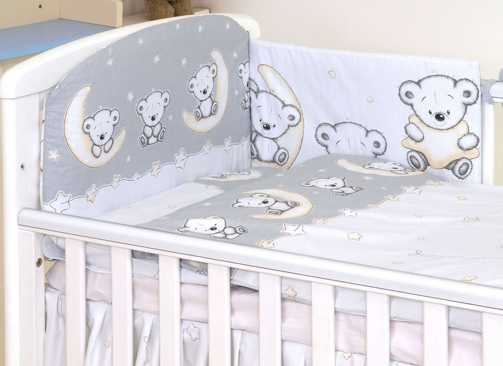 Set lenjerie din bumbac, cu protectie laterala pentru pat bebe 120 x 60 cm, ursulet pe luna gri