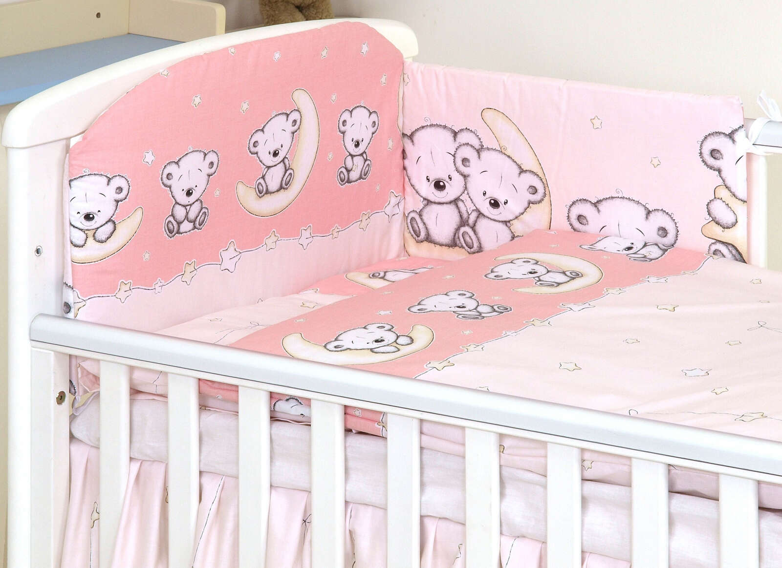 Set lenjerie din bumbac, cu protectie laterala pentru pat bebe 120 x 60 cm, ursulet pe luna roz