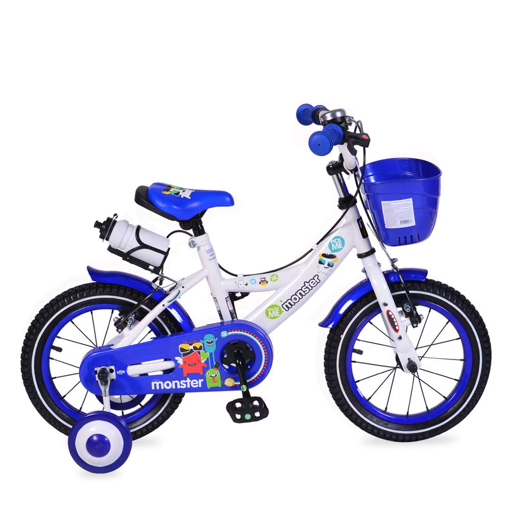 Bicicleta pentru baieti cu roti ajutatoare si cosulet 14 inch Little Monster Blue