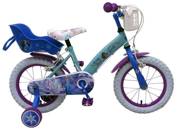Bicicleta pentru fete 14 inch cu scaun pentru papusi roti ajutatoare si cosulet Frozen