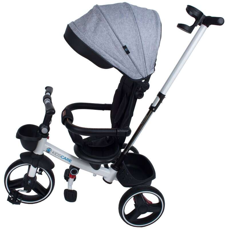 Kidscare - Tricicleta pliabila pentru copii Impera gri, scaun rotativ, copertina de soare, maner pentru parinti