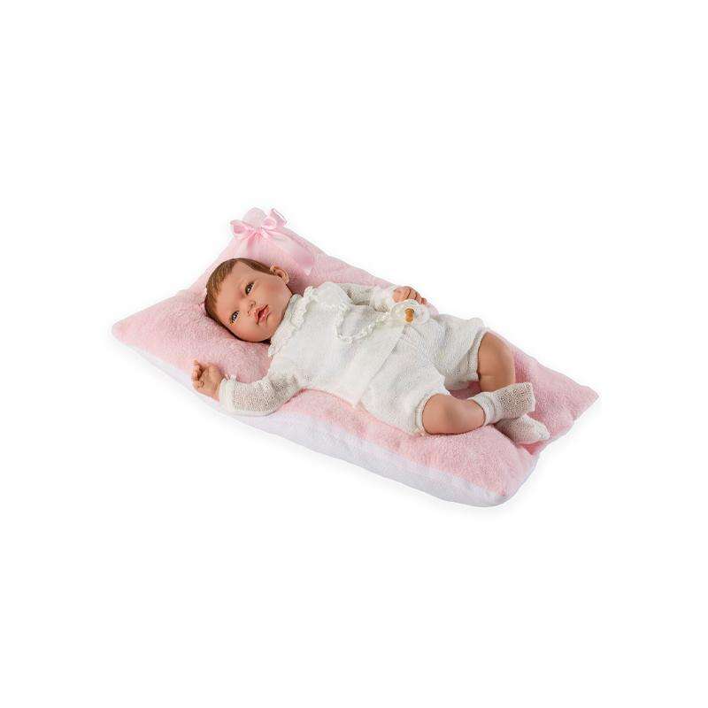 Papusa bebe realist Reborn Alma cu perna roz, 46 cm, Guca