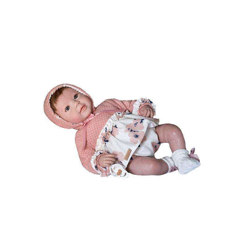 Papusa bebe realist Reborn Ella, cu paturica roz blanita, 46 cm, Guca