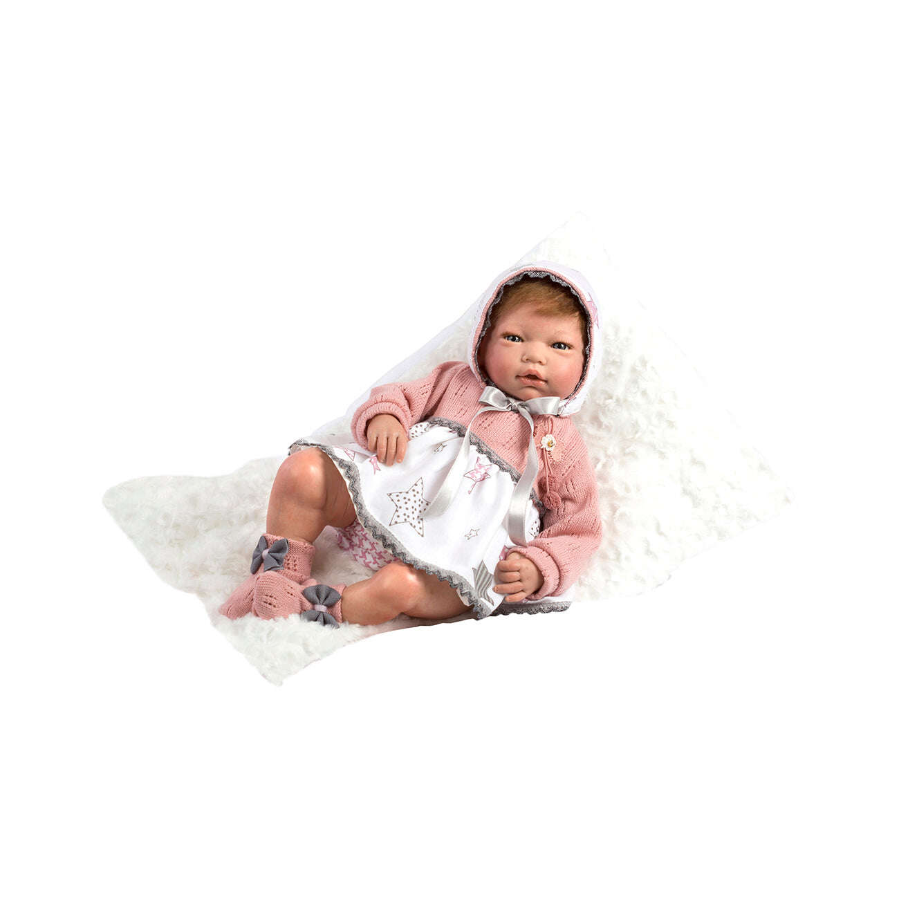 Papusa Reborn, fetita Macarena cu par saten si rochita alb cu roz, 46 cm, Guca