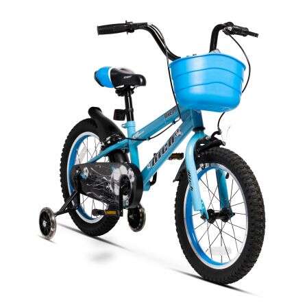 Bicicleta copii Rich Baby R1607A 16 inch C-Brake roti ajutatoare cu led cadru albastru cu design alb