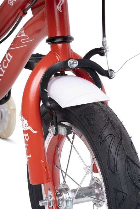 Bicicleta fete Rich Baby R1208A 12 inch C-Brake roti ajutatoare cadru rosu cu design alb