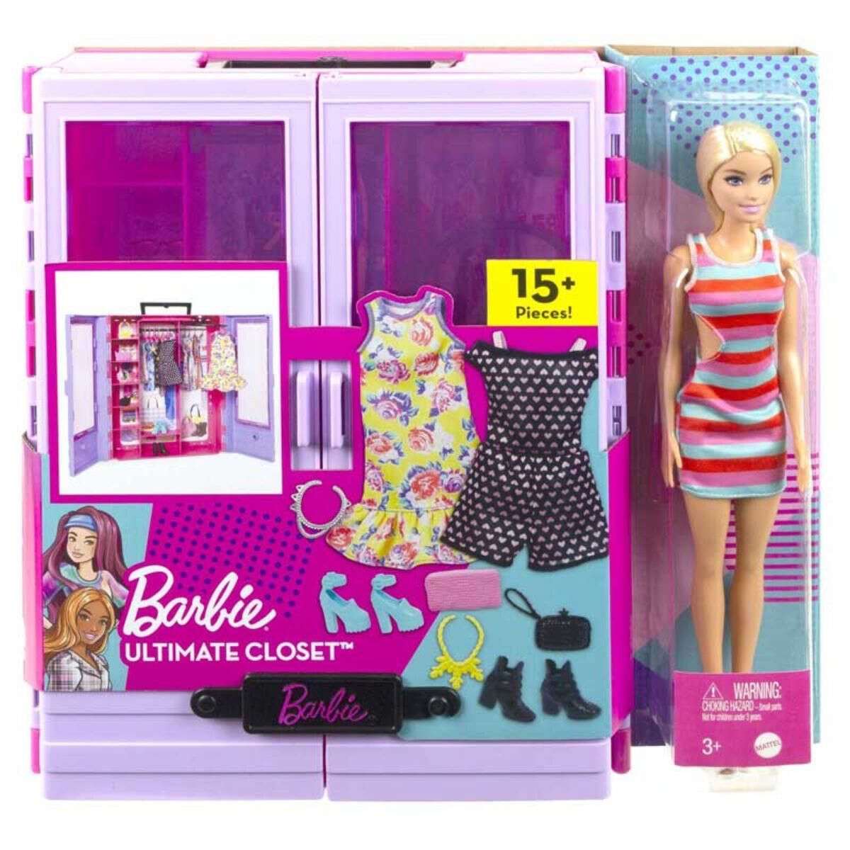 Set Papusa Barbie cu dulap, haine si accesorii