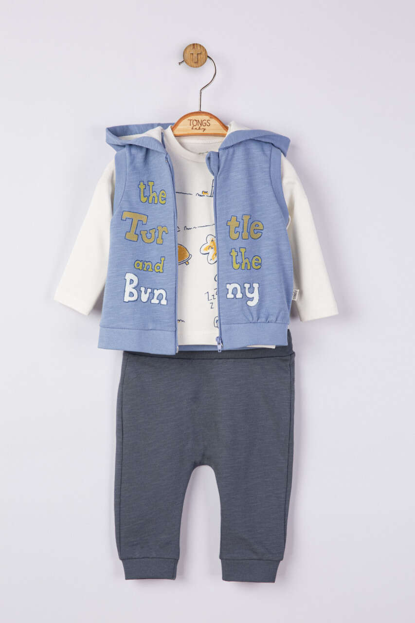 Set 3 piese: pantaloni, bluzita si vestuta pentru bebelusi, tongs baby (culoare: albastru, marime: 12-18 luni)