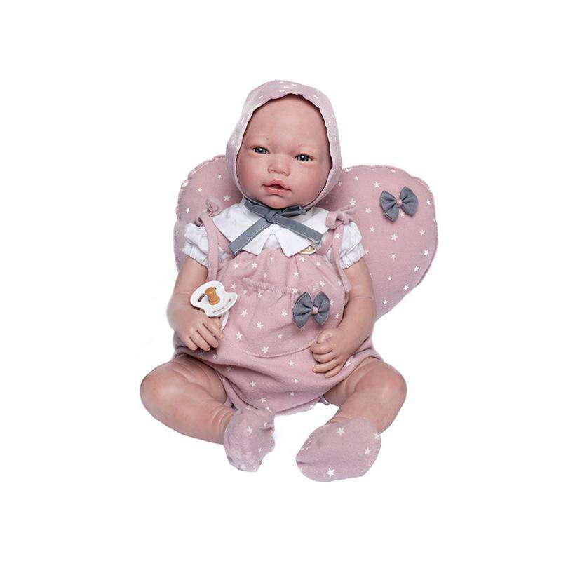 Papusa bebe realist Reborn Violeta, cu pernuta roz stelute, 46 cm, Guca