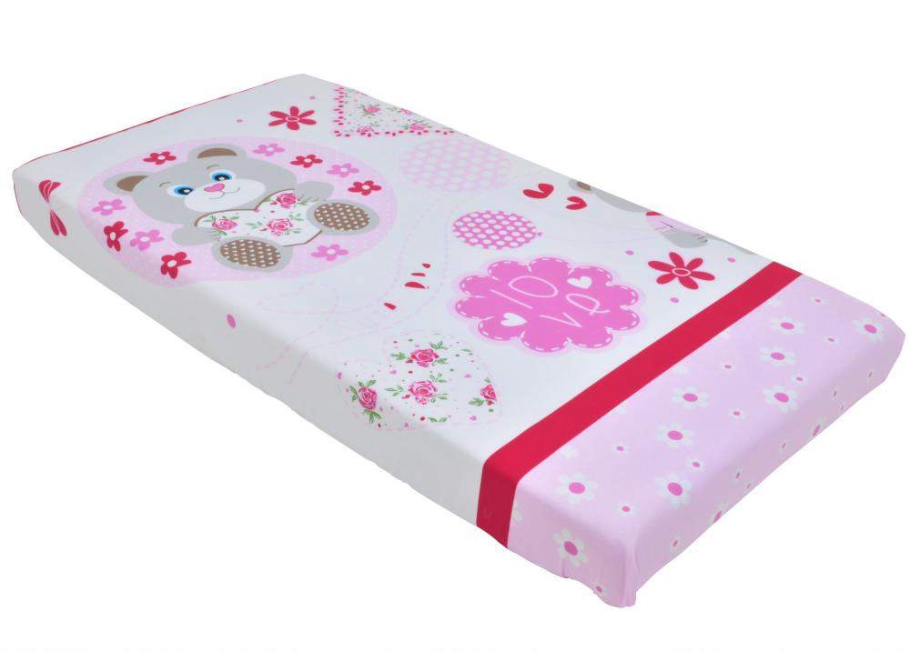 Cearceaf din bumbac cu elastic Pink Bear with Flowers 120x60 cm