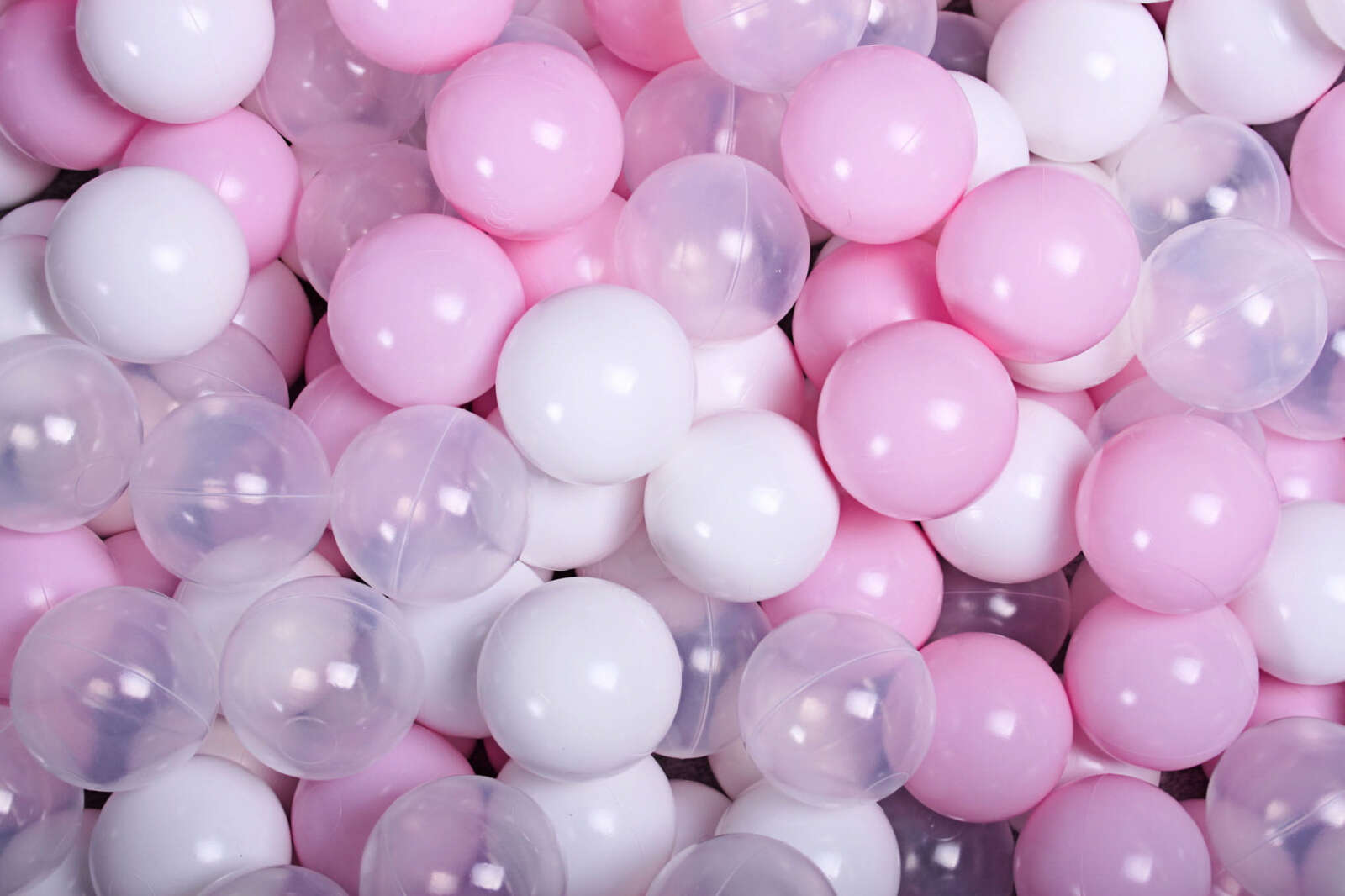 Meowbaby set bile din plastic pentru centru de joaca 7cm, 200 buc: roz pastel transparent alb