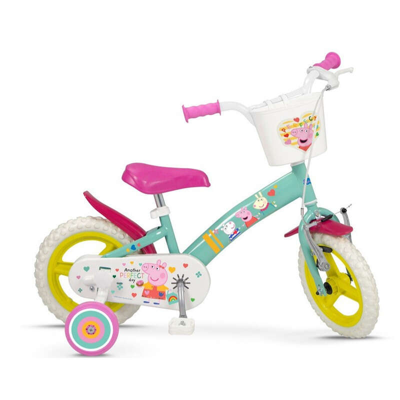 Bicicleta pentru copii, 12 inch, Cu roti ajutatoare, Conform cu standardul european de securitate EN71, Toimsa, Peppa Pig, Verde