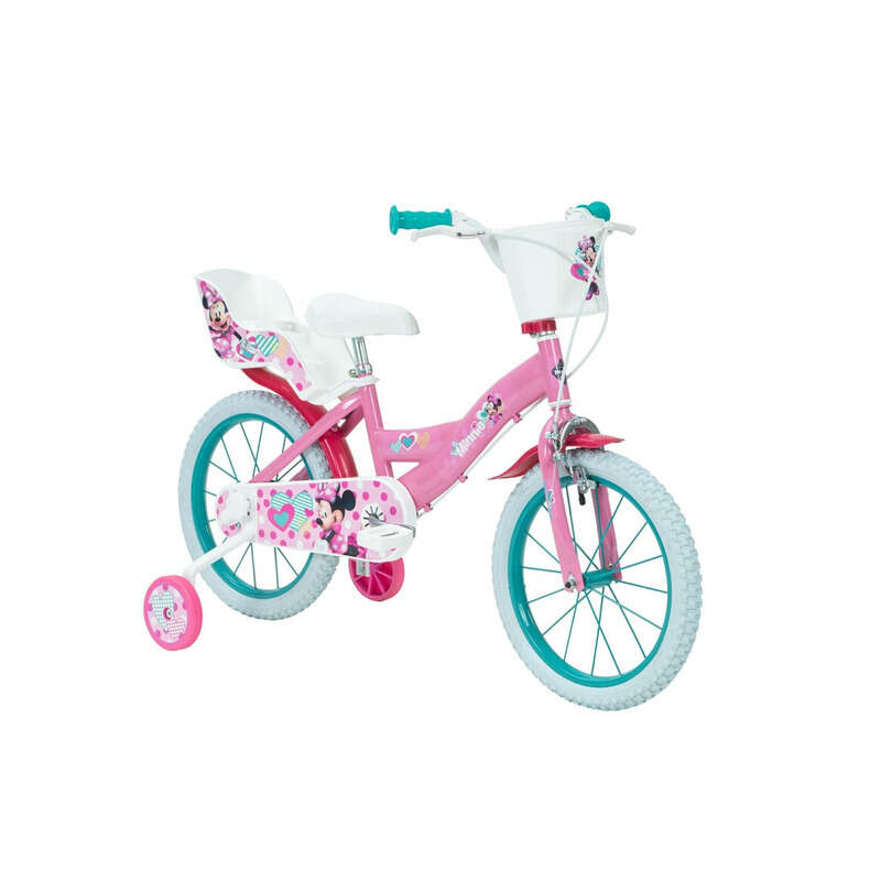Bicicleta pentru copii, 16 inch, Cu roti ajutatoare si cosulet frontal, Cu scaunel pentru papusi, Huffy, Disney Minnie, Roz