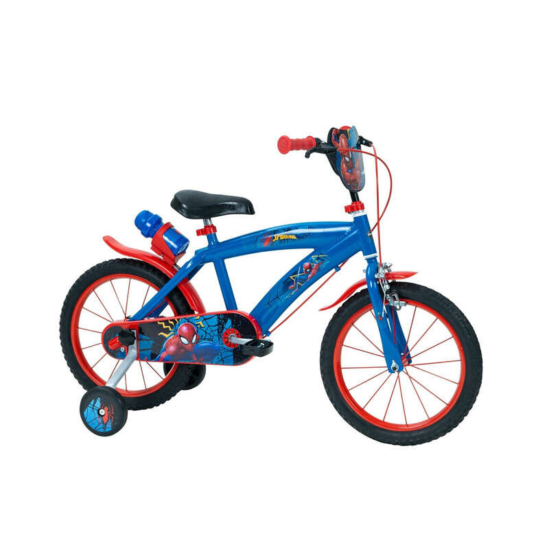Bicicleta pentru copii, 16 inch, Cu roti ajutatoare si suport pentru sticla de apa, Huffy, Disney Spider-Man, Albastru