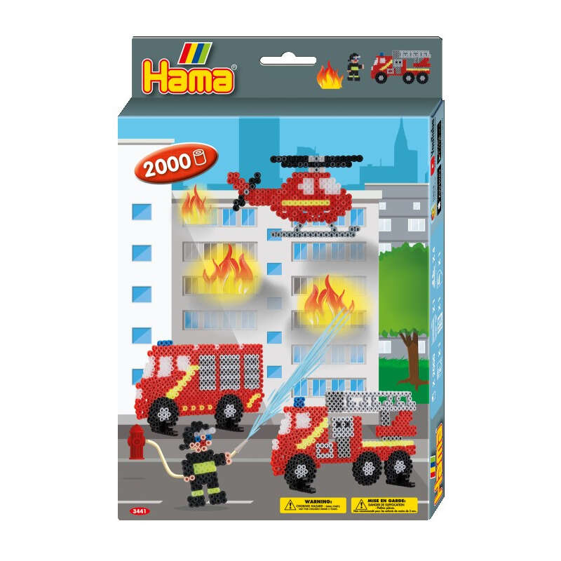 Set de 2000 buc margele de calcat Hama Midi cu 1 planseta in cutie de cadou cu agatator Pompierii