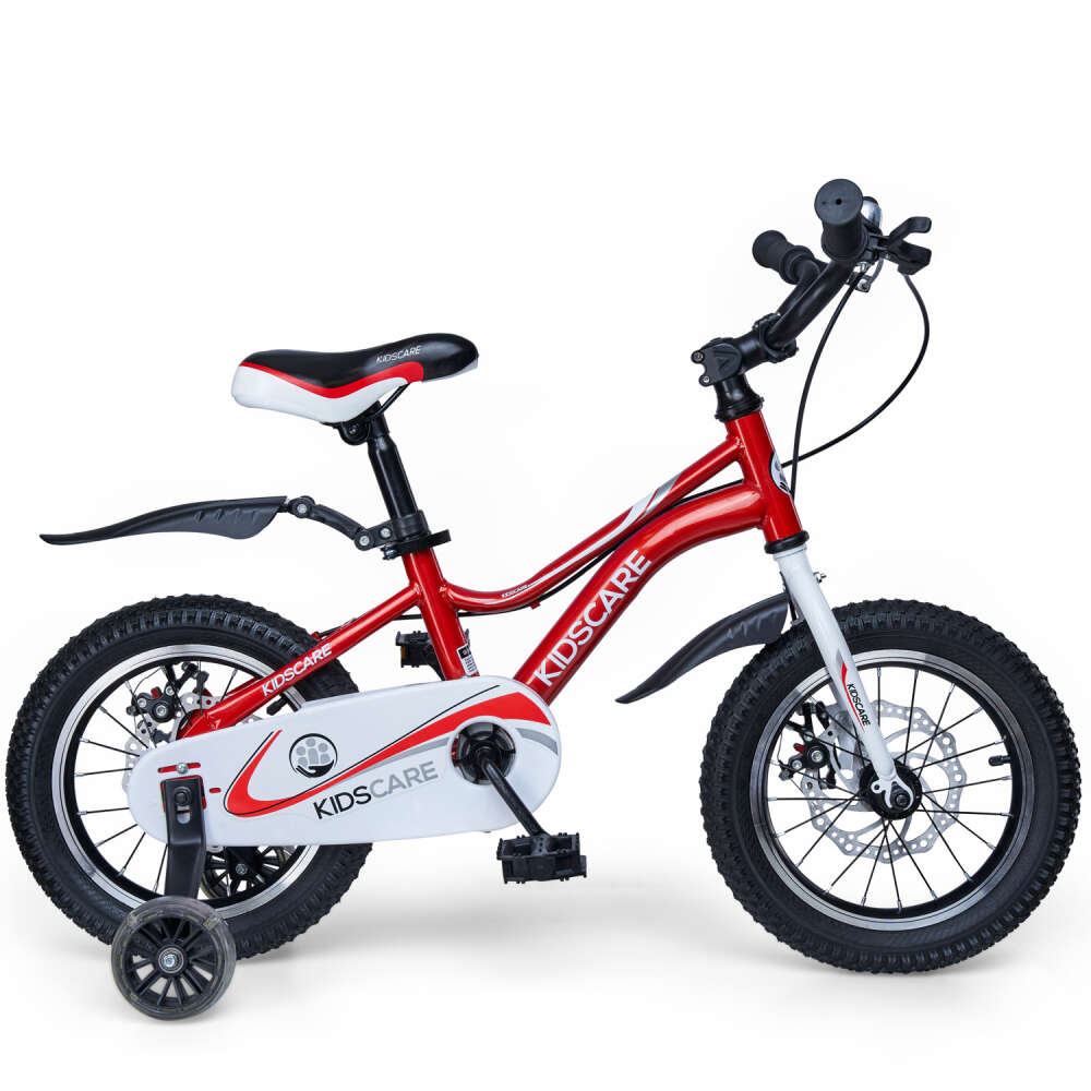Bicicleta pentru copii 3-6 ani KidsCare HappyCycles 14 inch cu roti ajutatoare si frane pe disc rosu