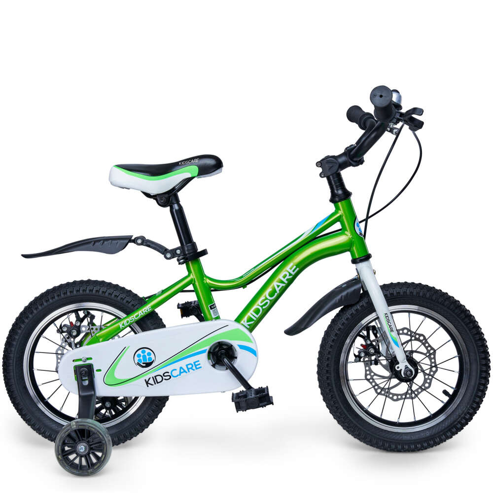 Bicicleta pentru copii 3-6 ani KidsCare HappyCycles 14 inch cu roti ajutatoare si frane pe disc verde