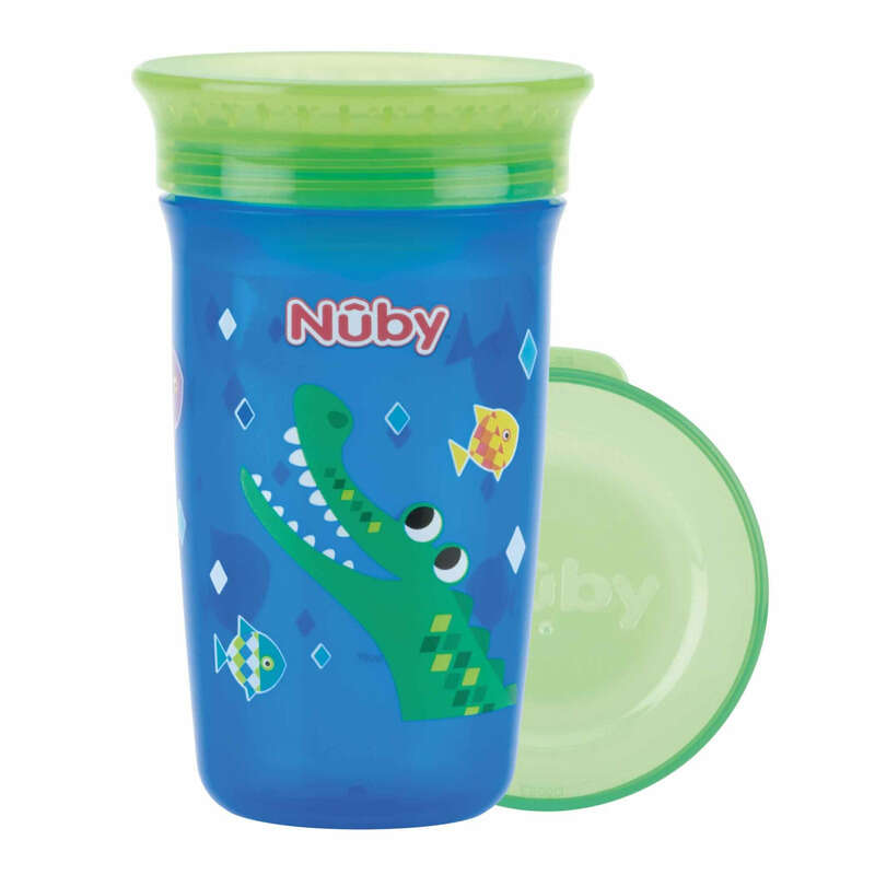 Nuby - Cana magica, 360°, Cu supapa din silicon, Cu capac, 300 ml, 6+ luni, Albastru/Verde