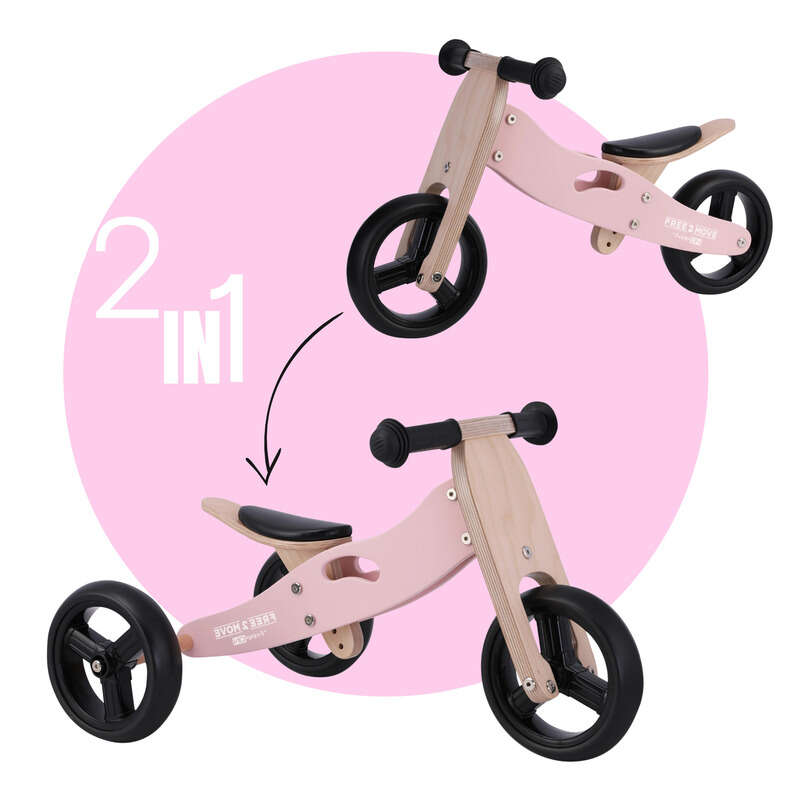 Bicicleta/tricicleta fara pedale din lemn, 2 in 1, functie de bicicleta echilibru, scaun reglabil, roti ajustabile, manere antiderapante, varsta 1-3 ani, free2move, dusty pink
