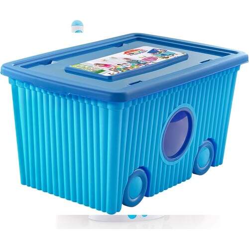 Cutie cu capac din plastic pentru depozitare jucarii cu roti Blue 40L