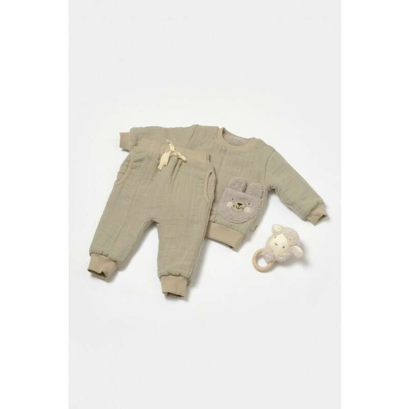 Set bluza dublata si pantaloni Ursulet, Winter muselin, 100% bumbac - Verde, BabyCosy (Marime: 9-12 luni)